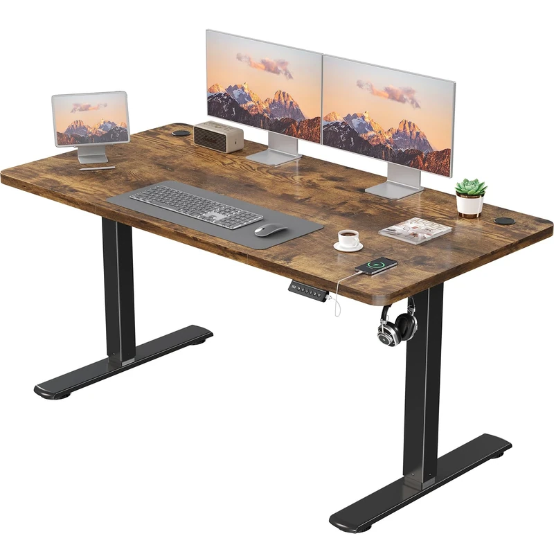 JUMMICO Electric Desk Height Adjustable with USB Charging Port, Height Adjustable Desk, Ergonomic Sit Stand Desks 140 x 60 cm, Brown
