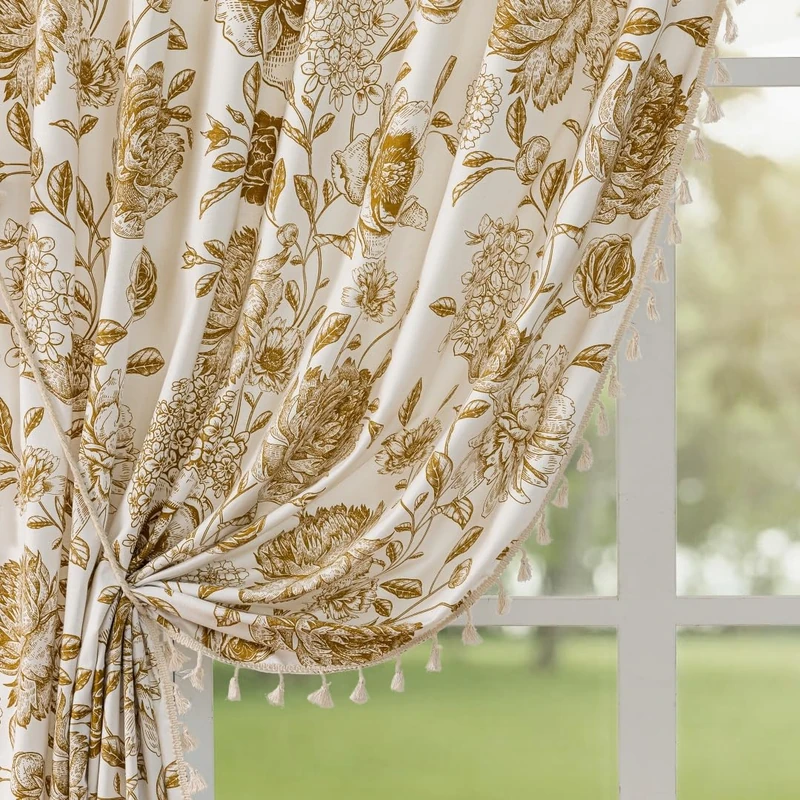 F-CHU Tan Brown Floral Curtains for Bohemian 90 Inch Length French Country Floral Drapes Farmhouse Rustic Vintage Window Curtain Panels for Bedroom Chic Country Curtains，2 Panel 55" W x 90" L