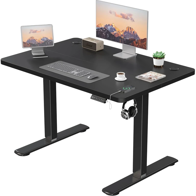 JUMMICO Electric Desk Height Adjustable with USB Charging Port, Height Adjustable Desk, Ergonomic Sit Stand Desks 100 x 60 cm, Black