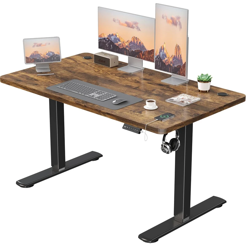 JUMMICO Electric Desk Height Adjustable with USB Charging Port, Height Adjustable Desk, Ergonomic Sit Stand Desks 120 x 60 cm, Brown