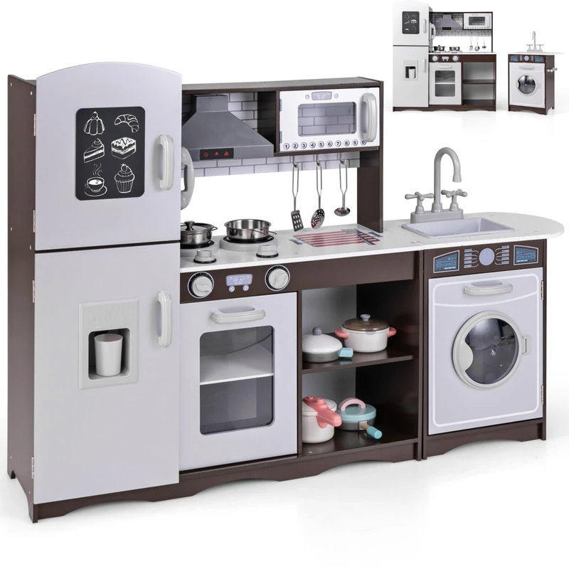 GYMAX Large Play Kitchen, Modular Toy Kitchen with Range Hood, Washing Machine, Ice Maker, Microwave, Oven, Phone, Stoves, Sink and Cookware Accessories, Kids Cooking Role Playset for 3+ Years Old