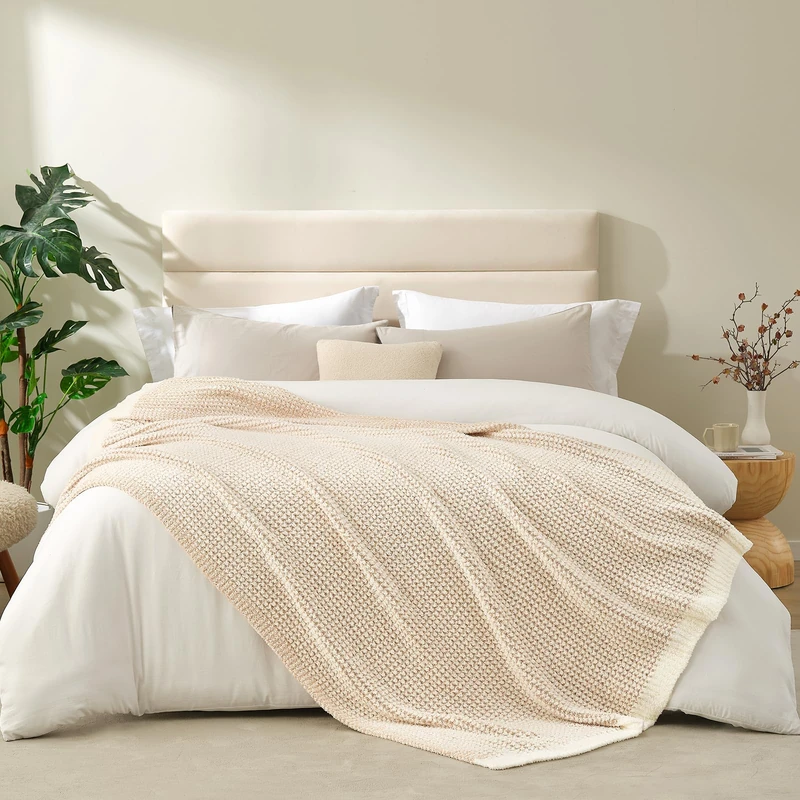Snuggle Sac Cream Waffle Blanket for Couch Bed Sofa 60x80 inches, Reversible Beige Soft Throw Microfiber Fluffy Fuzzy Cozy Knit Twin Blanket for Women Mothers Birthday Gifts