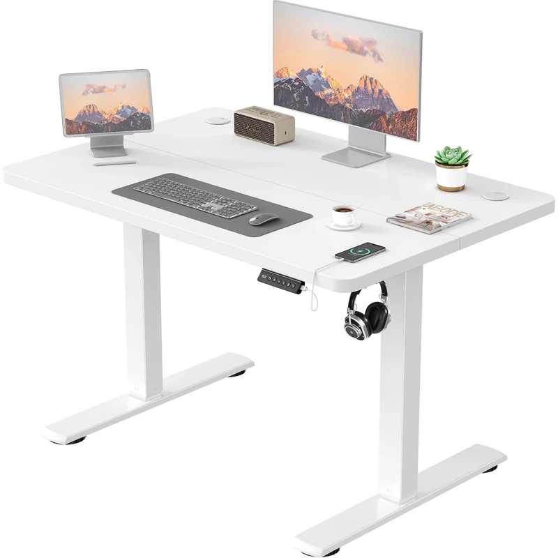 JUMMICO Electric Desk Height Adjustable with USB Charging Port, Height Adjustable Desk, Ergonomic Sit Stand Desks 100 x 60 cm, White