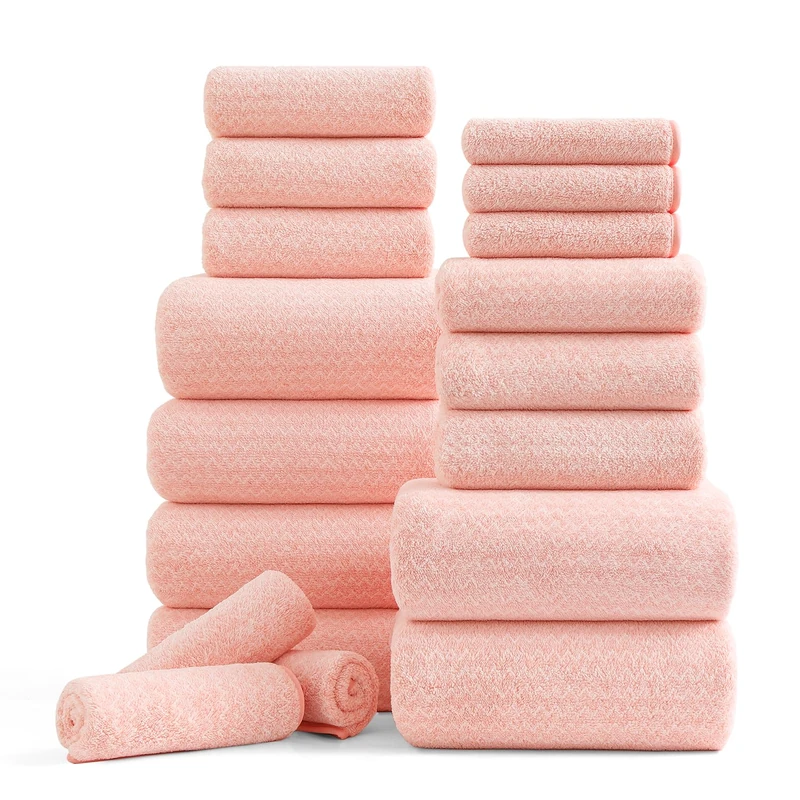 Ycosy 18 Piece Bath Towels Set,100% Microfiber Family Bathroom Towel with Hanging Loops-6 Bath Towels,6 Hand Towels,6 Washcloths,Quick Dry Highly Absorbent Shower Towel for Bathroom,Hotel,Spa-Pink