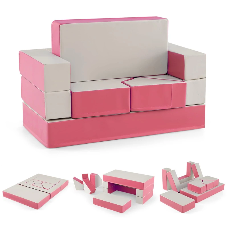 GYMAX 8-Piece Kids Play Sofa Set, Convertible Toddler Chair Couch, Modular Foam Couch for Playroom Bedroom, Children Soft Foam Building Blocks for Playing Creativing (Pink)