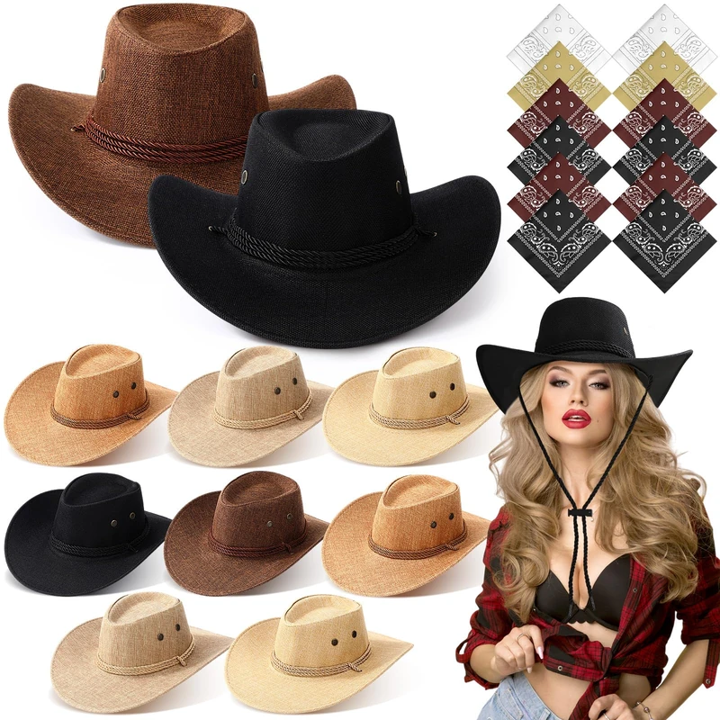 Coume 10 Set Cowboy Hat and Bandana for Women Men 10 Cowgirl Cowboy Hat Bulk 10 Western Bandanas for Adult Costume Party(Brown Series,Flax Style)