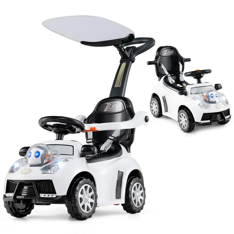 GYMAX 3 in 1 Kids Ride on Push Car, Push Along Car with Handle, Guardrails, Adjustable Canopy, Seat Belt, Music, Horn & Light, Underneath Storage, Toddler Sliding Toy for 1+ Years Old (White)