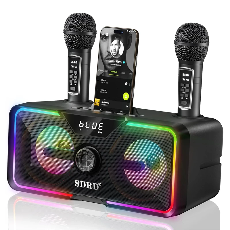 SDRD 215 Bluetooth Karaoke Machine for Adult Kid with Storage and Charging Station, Powerful Karaoke System, 12H Playtime, Rechargeable Wirless Microphone, Support USB/AUX Indoor Outdoor