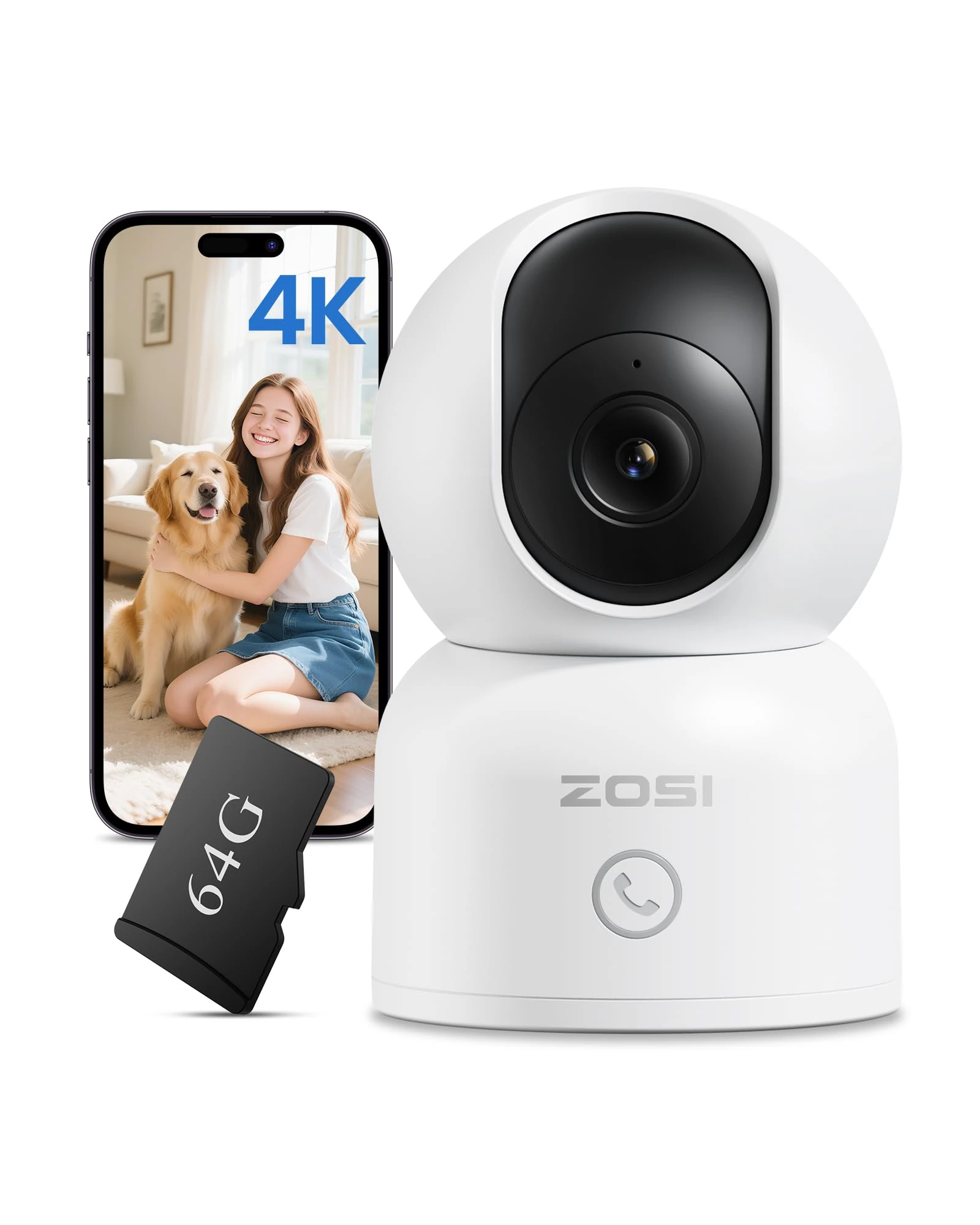 ZOSI 4K Indoor Security Camera, WiFi Pet Camera/Baby Monitor with 64GB Memory Card No Monthly Fee, Human/Pet Auto Tracking, 360° Surveillance Indoor Cam with App, 2-Way Audio, Night Vision