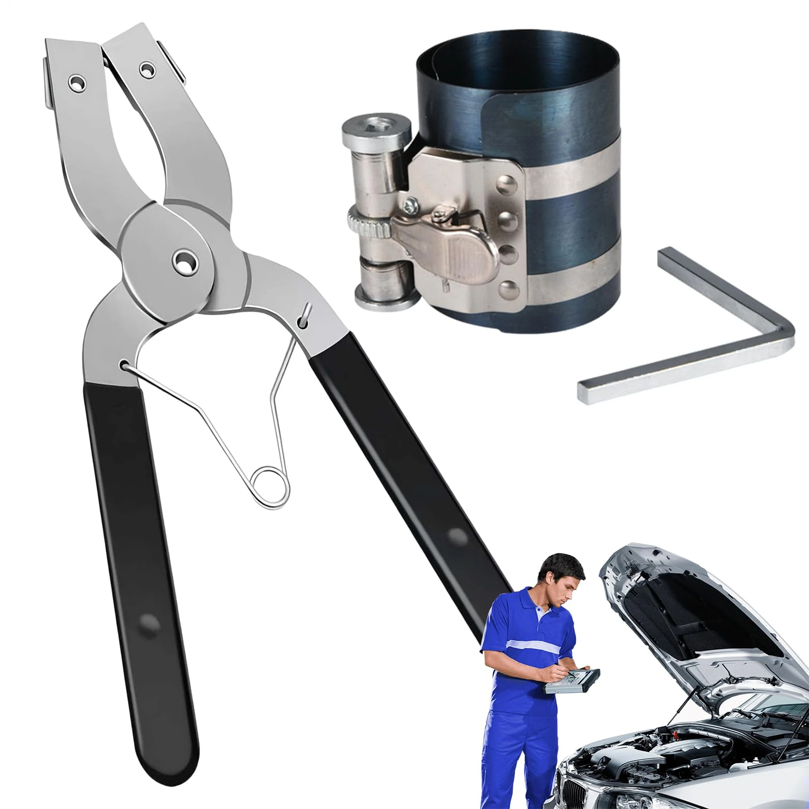 Adjustable Piston Ring Compressor Tool and Piston Ring Pliers and Wrench for 2 to 7 Inch Car Engine, Machine Tractor Pistons