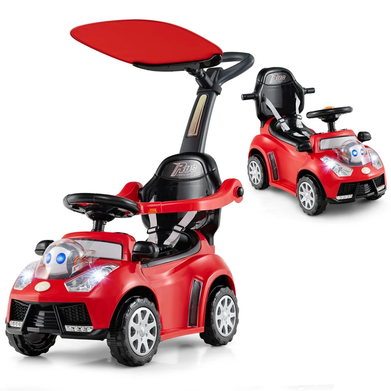 GYMAX 3 in 1 Kids Ride on Push Car, Push Along Car with Handle, Guardrails, Adjustable Canopy, Seat Belt, Music, Horn & Light, Underneath Storage, Toddler Sliding Toy for 1+ Years Old (Red)