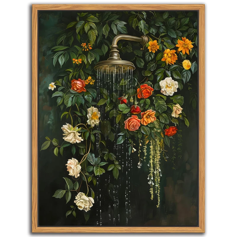 Floating Framed Floral Shower Wall Art, Vintage Botanical Flower Canvas Print, Romantic Garden Roses and Waterfall Painting, Nature Inspired Bathroom Wall Decor for Home Living Room 16x24 inch