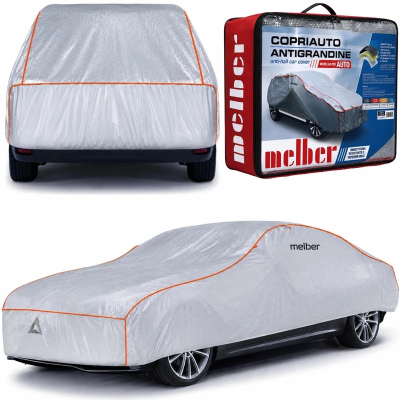 Melber Hail Protection Tarpaulin, Size M, Car Cover for Cars and SUVs, Hail Protection, Waterproof, 440 x 165 x 119 cm, Silver