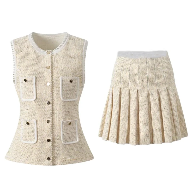 Women Knit 2Pcs Set Lady Beading O-Neck Sleeveless Cardigan Pleated Mini Skirt Sets D S(US-4)
