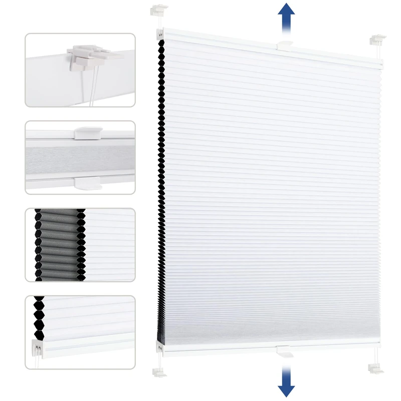 Sekey Honeycomb Pleated Blind, No Drilling, Blackout Roller Blind, 100% Blackout Opaque, Klemmfix, Aluminium Rail, Double-Sided Selectable in White and Grey, 130 x 150 cm (W x H)