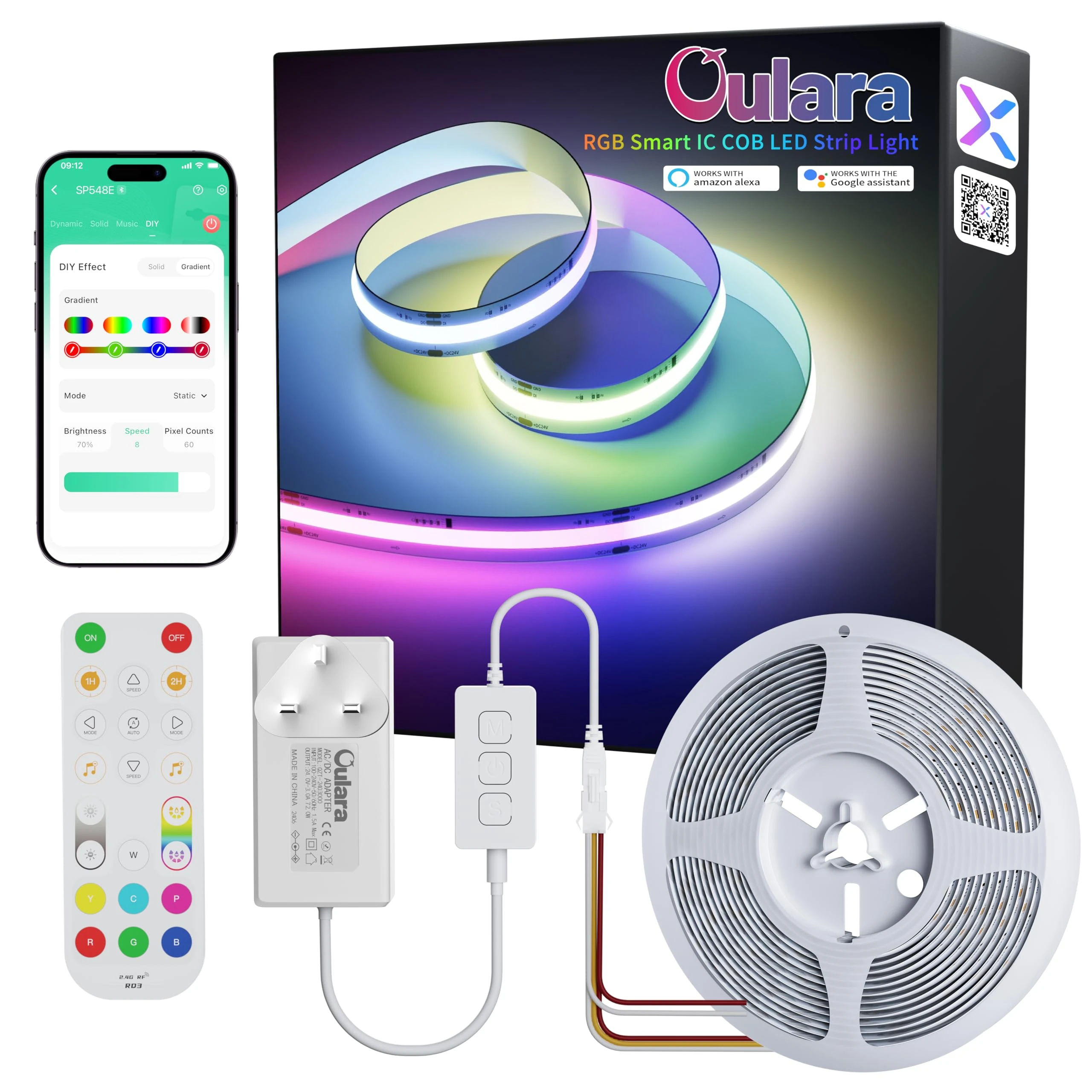 OULARA RGB Smart IC COB LED Strip Colour Changing Flexible LED Strip Light 6M WS2811 Addressable RGB Lights with APP Control/Music Mode,Work with Alexa/Google for Party Home DIY Lighting Projects
