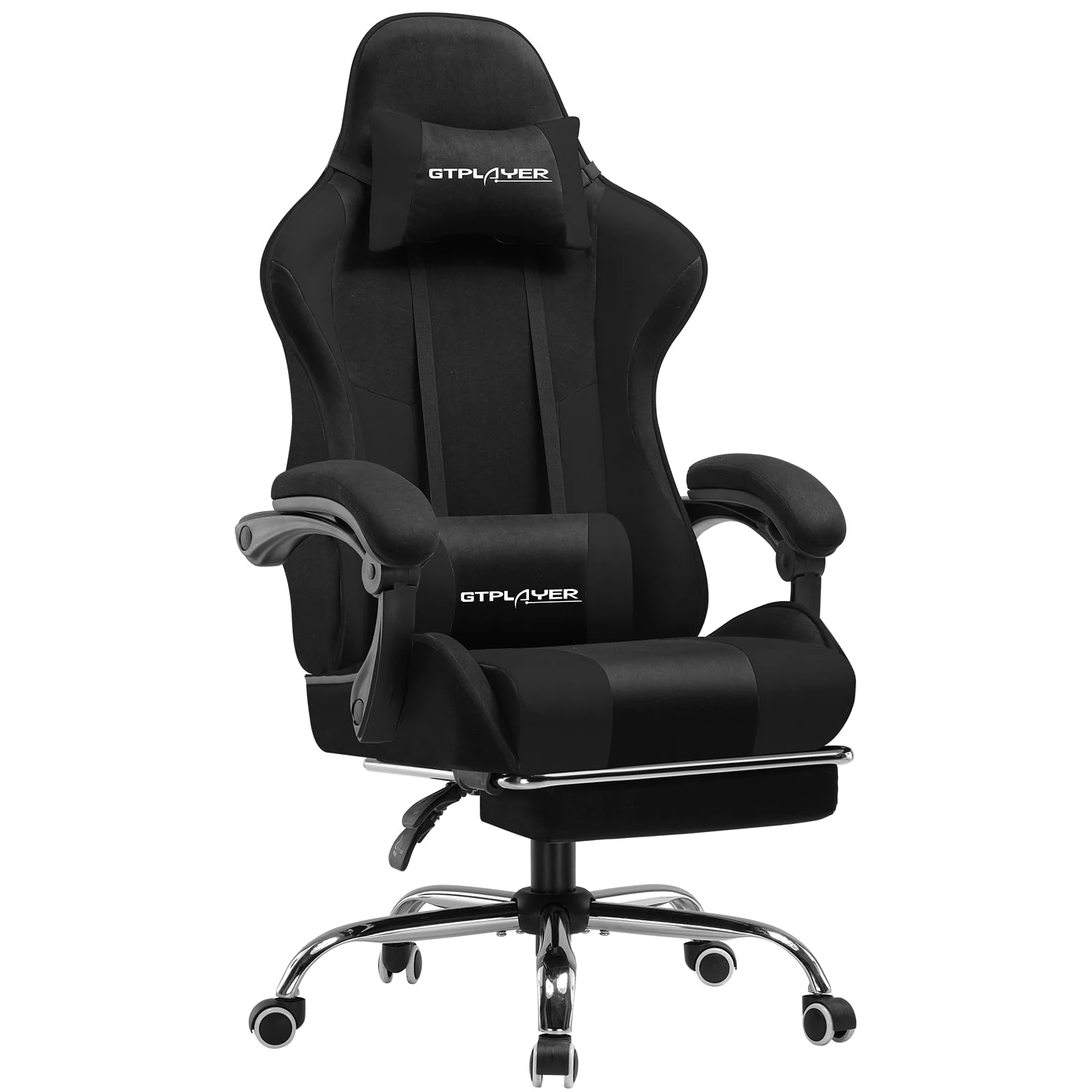 GTPLAYER Fabric Gaming Chair, Massage Ergonomic Computer Chair with Footrest, Lumbar Support, Headrest, Height Adjustable Home Office Reclining PC Racing Chairs (Black)