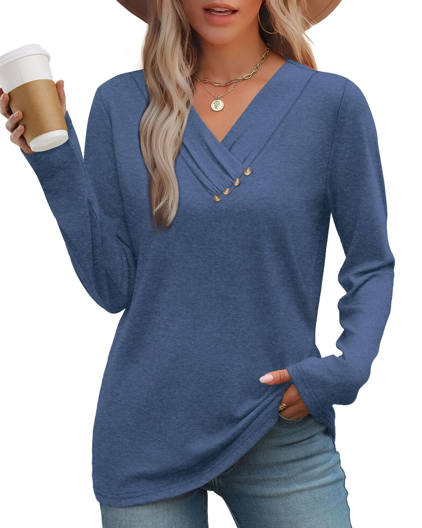WIHOLL Blue Jumpers for Women UK Long Sleeve Tops Lightweight V Neck Ladies Tunic Tops Size 22-24
