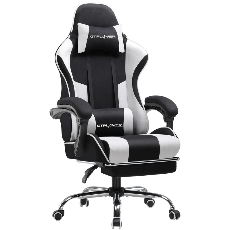 GTPLAYER Fabric Gaming Chair, Massage Ergonomic Computer Chair with Footrest, Lumbar Support, Headrest, Height Adjustable Home Office Reclining PC Racing Chairs, White