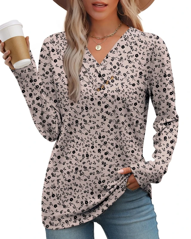 WIHOLL Women's Jumpers Long Sleeve Tops Women V Neck Ladies Tunic Tops Khaki Floral Size 22-24