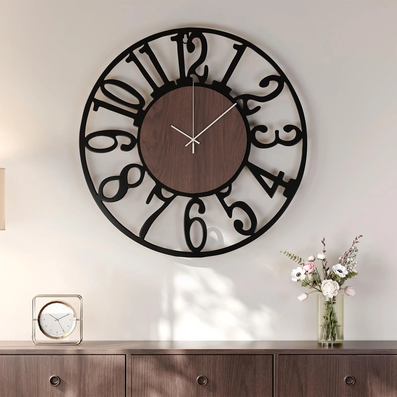 Large Wall Clock for Living Room Decor, 24 inch Decorative Wood Wall Clocks Silent Non Ticking Battery Operated, Black Metal Clock for Farmhouse, Dining Room, Bedroom, Kitchen - Arabic Numerals