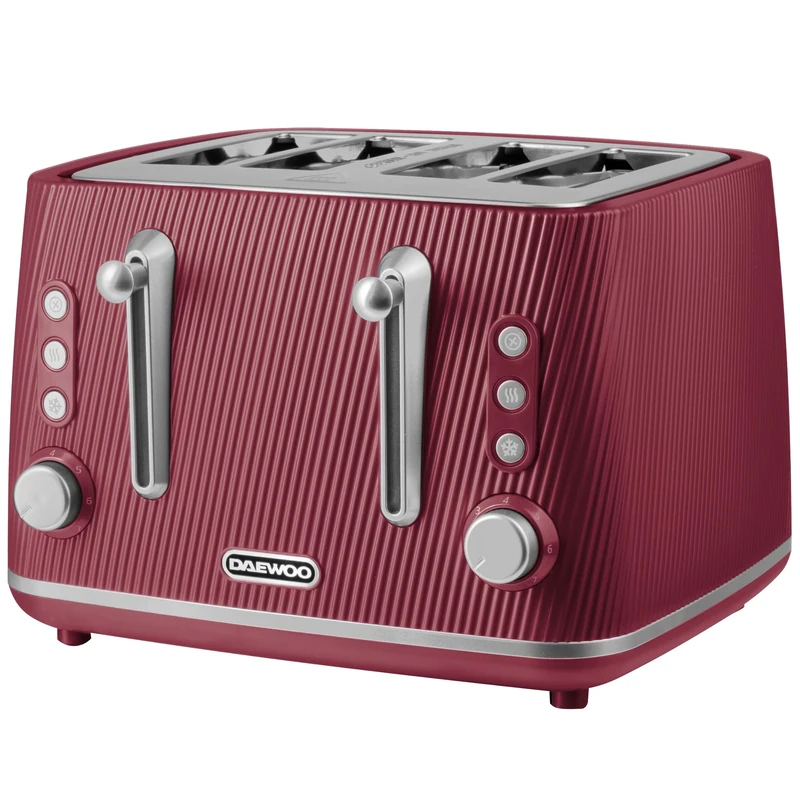 Daewoo Cascade 4 Slice Toaster – Ruby Ribbed Finish, Dual Independent Controls, Adjustable Browning, Cancel, Reheat & Defrost Functions, Removable Crumb Trays