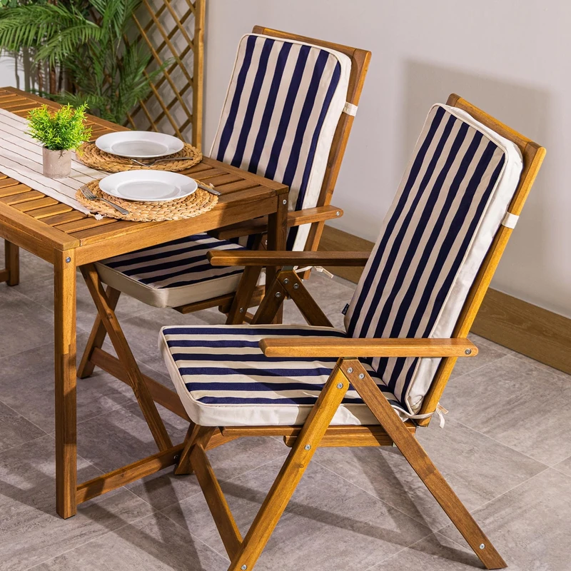 Bean Bag Bazaar Outdoor High Back Seat Pad, Navy Deck Stripe, Set of 2, Garden Chair Seat Cushion with Fibre Fill Included, Water-Resistant, Cushions with ties for Chair, Garden, Patio Furniture