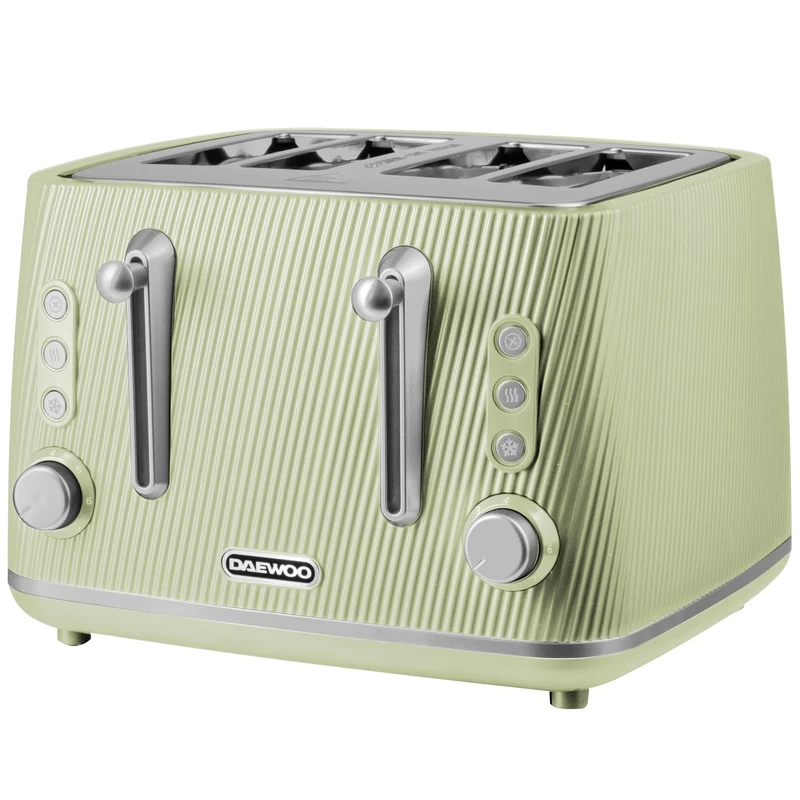Daewoo Cascade 4 Slice Toaster – Sage Ribbed Finish, Dual Independent Controls, Adjustable Browning, Cancel, Reheat & Defrost Functions, Removable Crumb Trays