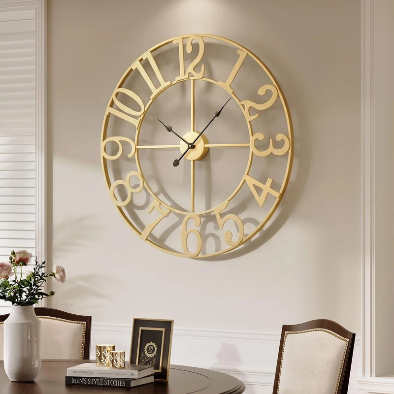 Cuspin Extra Large Wall Clock for Living Room Decor, 36 Inch Wall Clock Battery-Operated Silent Non Ticking, Modern Gold Decorative Metal Clock with Arabic Numerals
