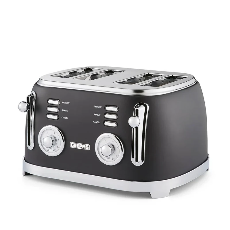 GEEPAS 4 Slice Bread Toaster | Extra Wide Slot 6 Browning Level | Defrost/Reheat/Cancel Function Removable Crumb Tray | Cool Touch Exterior Non-Slip Feet Cord Storage 1500W | Vintage Retrovive Black