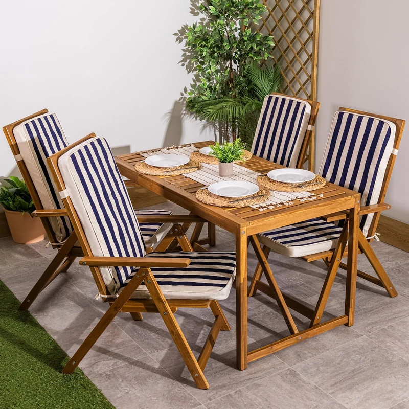 Bean Bag Bazaar Outdoor High Back Seat Pad, Navy Deck Stripe, Set of 4, Garden Chair Seat Cushion with Fibre Fill Included, Water-Resistant, Cushions with ties for Chair, Garden, Patio Furniture