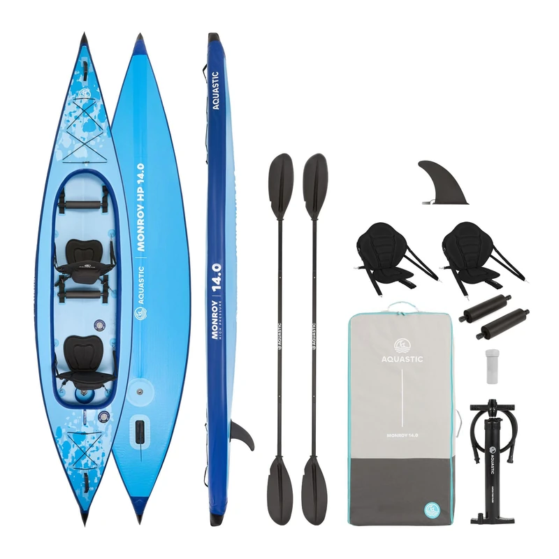 AQUASTIC Monroy 14'0" Inflatable Kayak and SUP Hybrid Drop Stitch 2 Chamber V Bunk Stable Load Capacity up to 250 kg Equipment: 2 Seats Paddle Pump Ballast Backpack