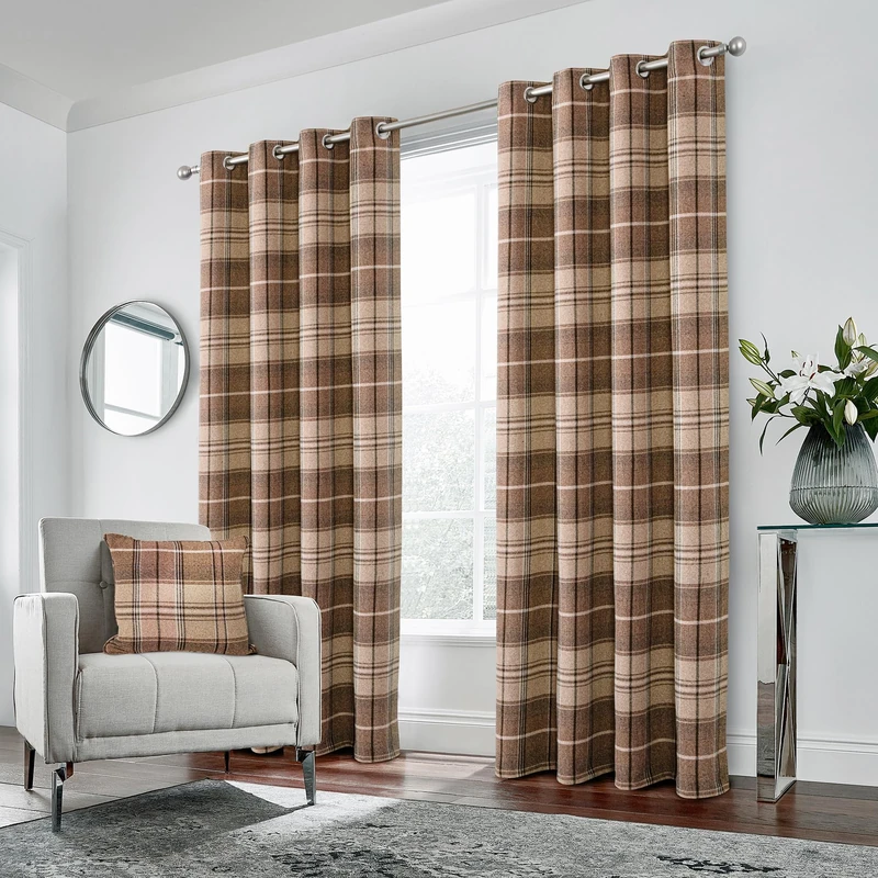 always4u 100% Blackout Woolen Look Plaid Curtains Modern Window Panels Checkered Tartan Curtains for Living Room Bedroom 2 Panels Light Coffee 54 * 63 Inches