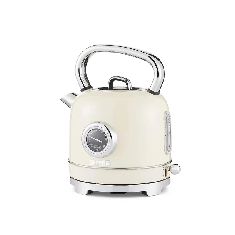 GEEPAS Electric Kettle | Vintage Cordless Stainless Steel Rapid Boil for Hot Water Tea Coffee | Auto Shut-Off 360° Swivel Base Temp Gauge Boil Dry Protection | 2 Yr Warranty 1.8L 3000W Retrovive Cream