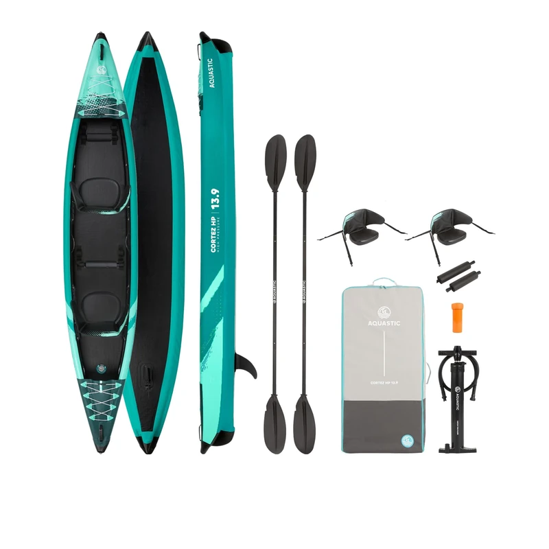 AQUASTIC Cortez 13'9" Inflatable Leisure Kayak for Two People, 3-Chamber, V-Keel, Load Capacity up to 200 kg, Equipment: 2 Seats, 2 Paddles, Pump, Fins, Backpack