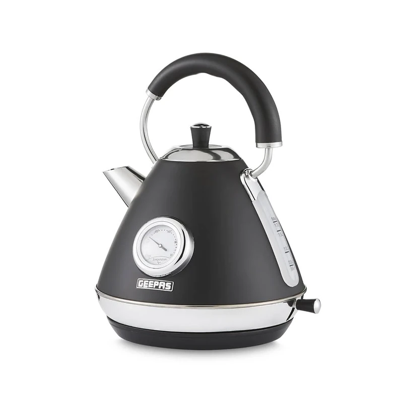 GEEPAS Electric Kettle | Vintage Cordless Stainless Steel Rapid Boil for Hot Water Tea Coffee | Auto Shut-Off 360° Swivel Base Temp Gauge Boil Dry Protection | 2 Yr Warranty 1.7L 3000W Retrovive Black