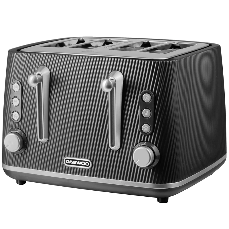 Daewoo Cascade 4 Slice Toaster – Black Ribbed Finish, Dual Independent Controls, Adjustable Browning, Cancel, Reheat & Defrost Functions, Removable Crumb Trays