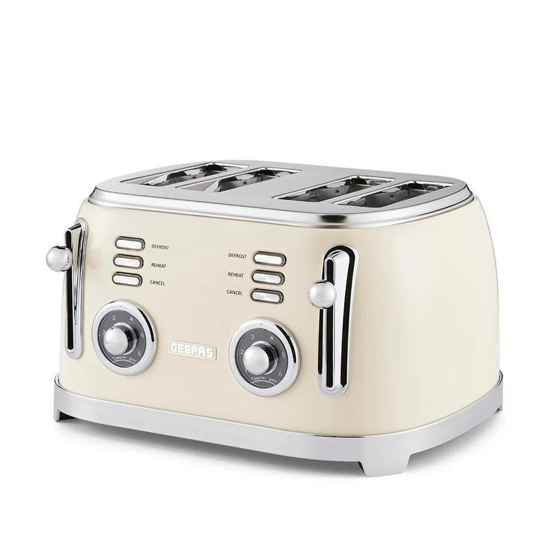 GEEPAS 4 Slice Bread Toaster | Extra Wide Slot 6 Browning Level | Defrost/Reheat/Cancel Function Removable Crumb Tray | Cool Touch Exterior Non-Slip Feet Cord Storage 1500W | Vintage Retrovive Cream