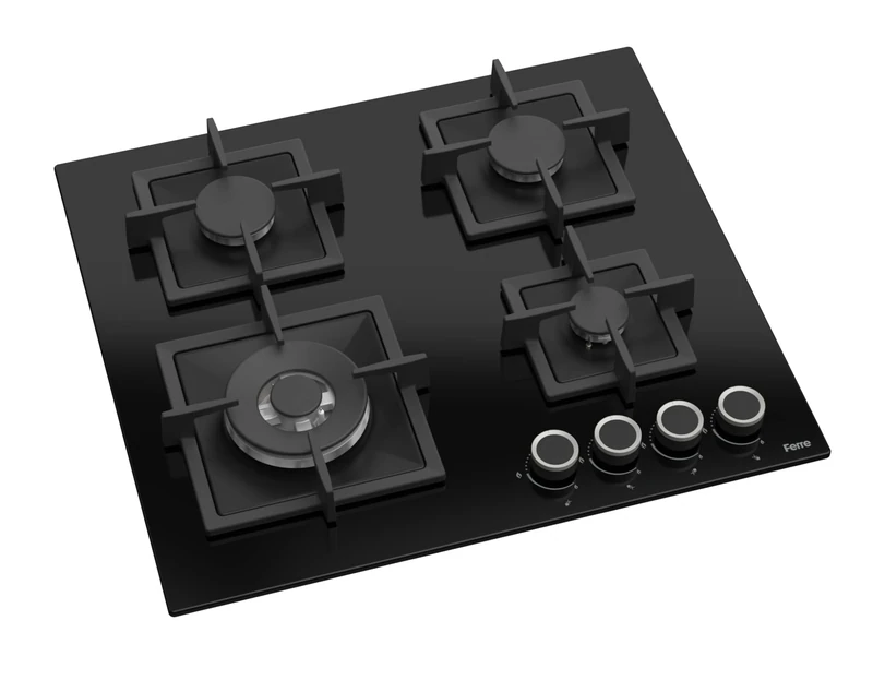 Ferre SC325/W - 60cm Built-in Gas Hob - 4 Burners - Wok Burner - Black Glass - Cast Iron Pan Supports