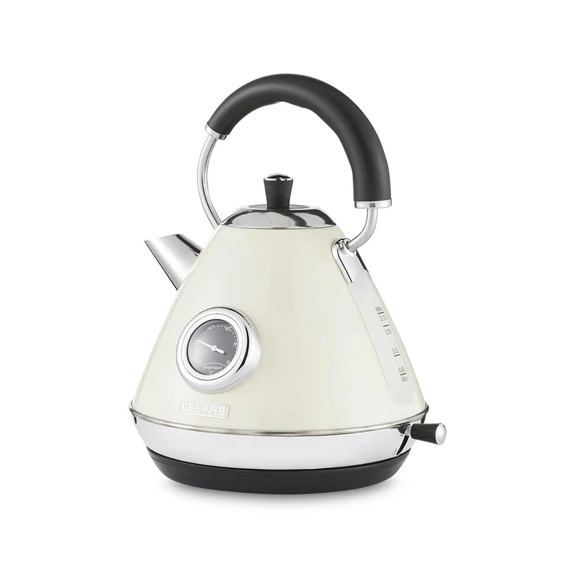 GEEPAS Electric Kettle | Vintage Cordless Stainless Steel Rapid Boil for Hot Water Tea Coffee | Auto Shut-Off 360° Swivel Base Temp Gauge Boil Dry Protection | 2 Yr Warranty 1.7L 3000W Retrovive Cream