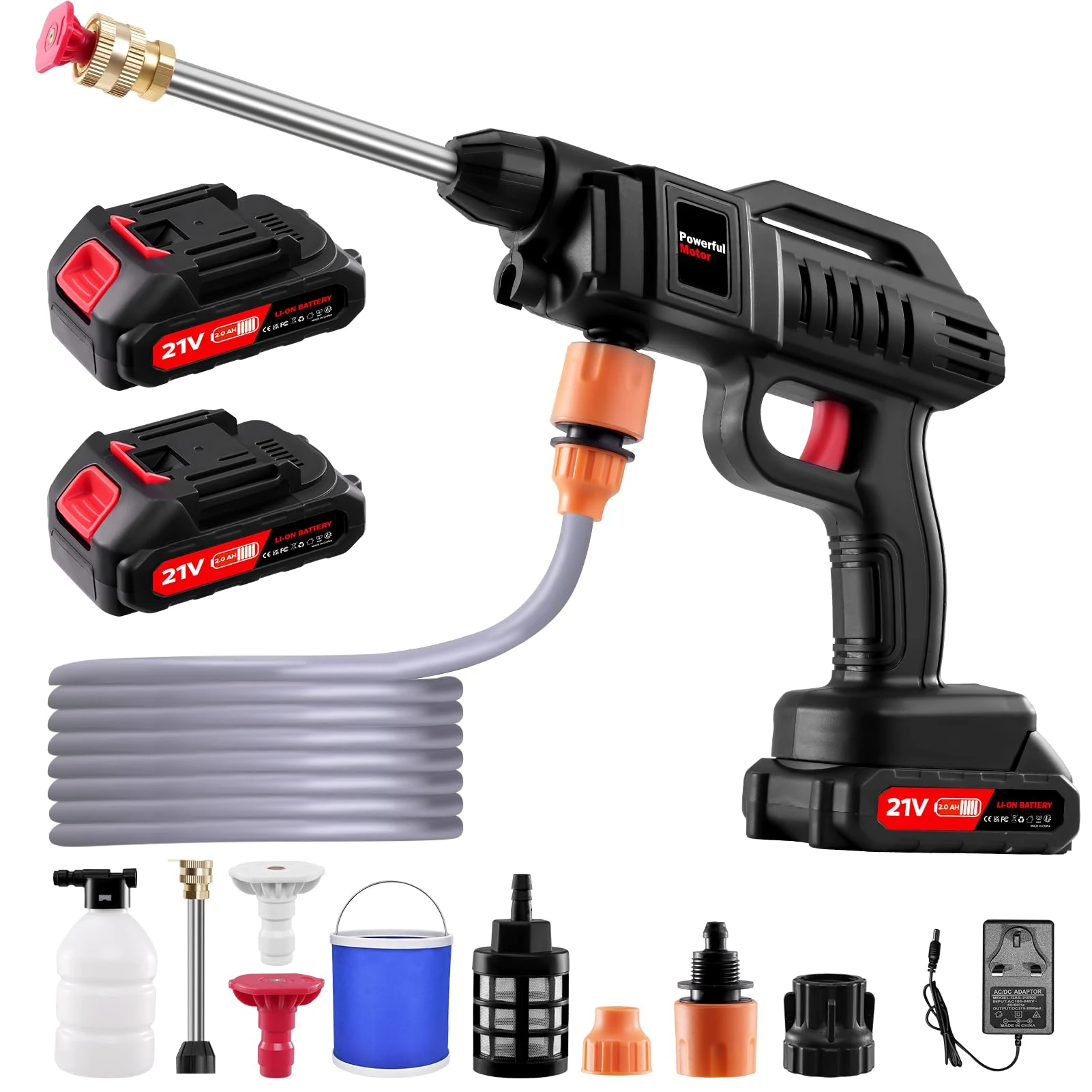 Cordless High Pressure Washer Gun, 21V Handheld Washer Kit 1500W, Battery Jet Wash with Nozzle and 5m/16.5ft tube for Car, Watering Flowers, Cleaning Floors