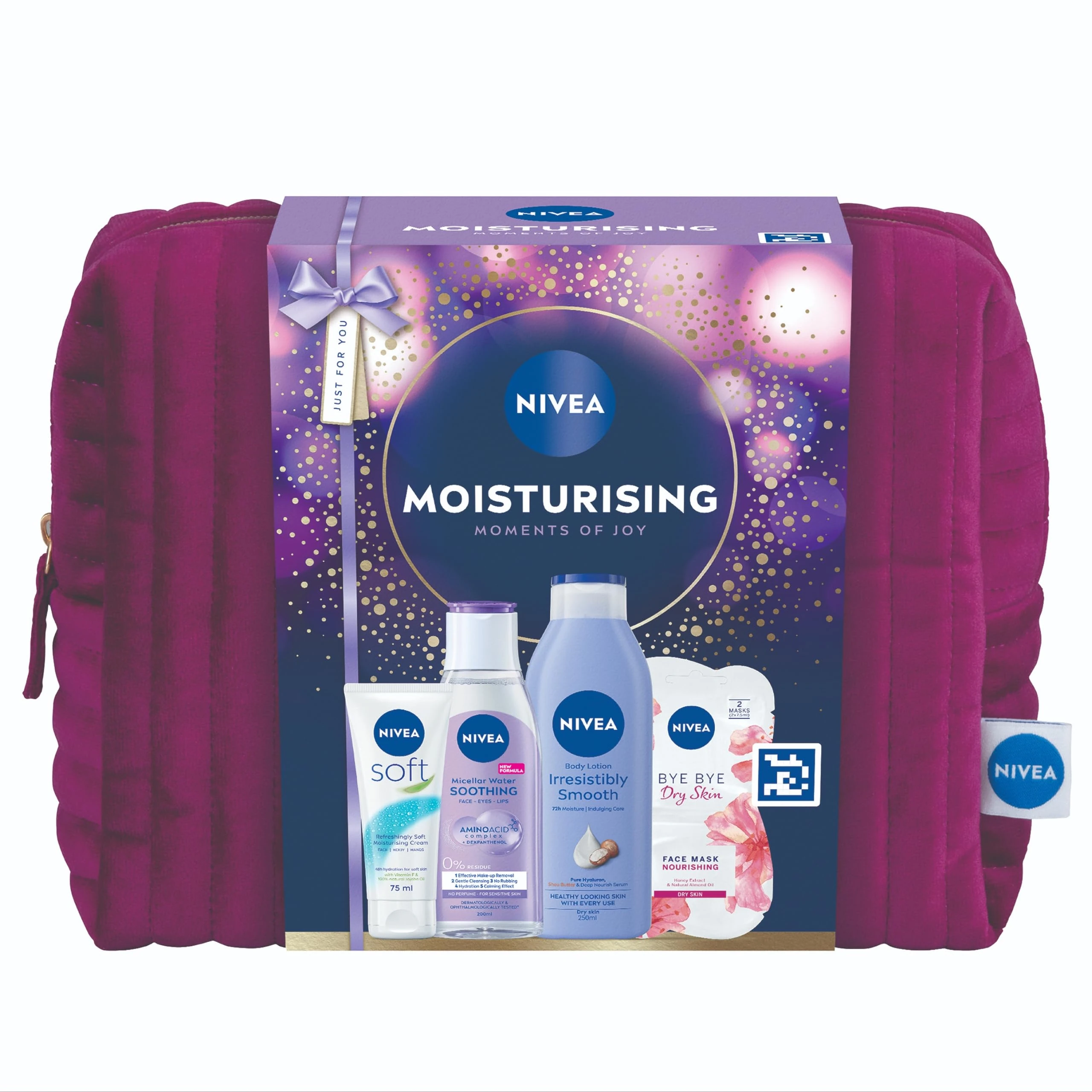 NIVEA Moisturising Moments Of Joy Gift Set (5 Products) – Women's Gift Set – Includes Body Lotion, Face Sheet Mask, Moisturising Cream and Micellar Water – with Cosmetic Bag