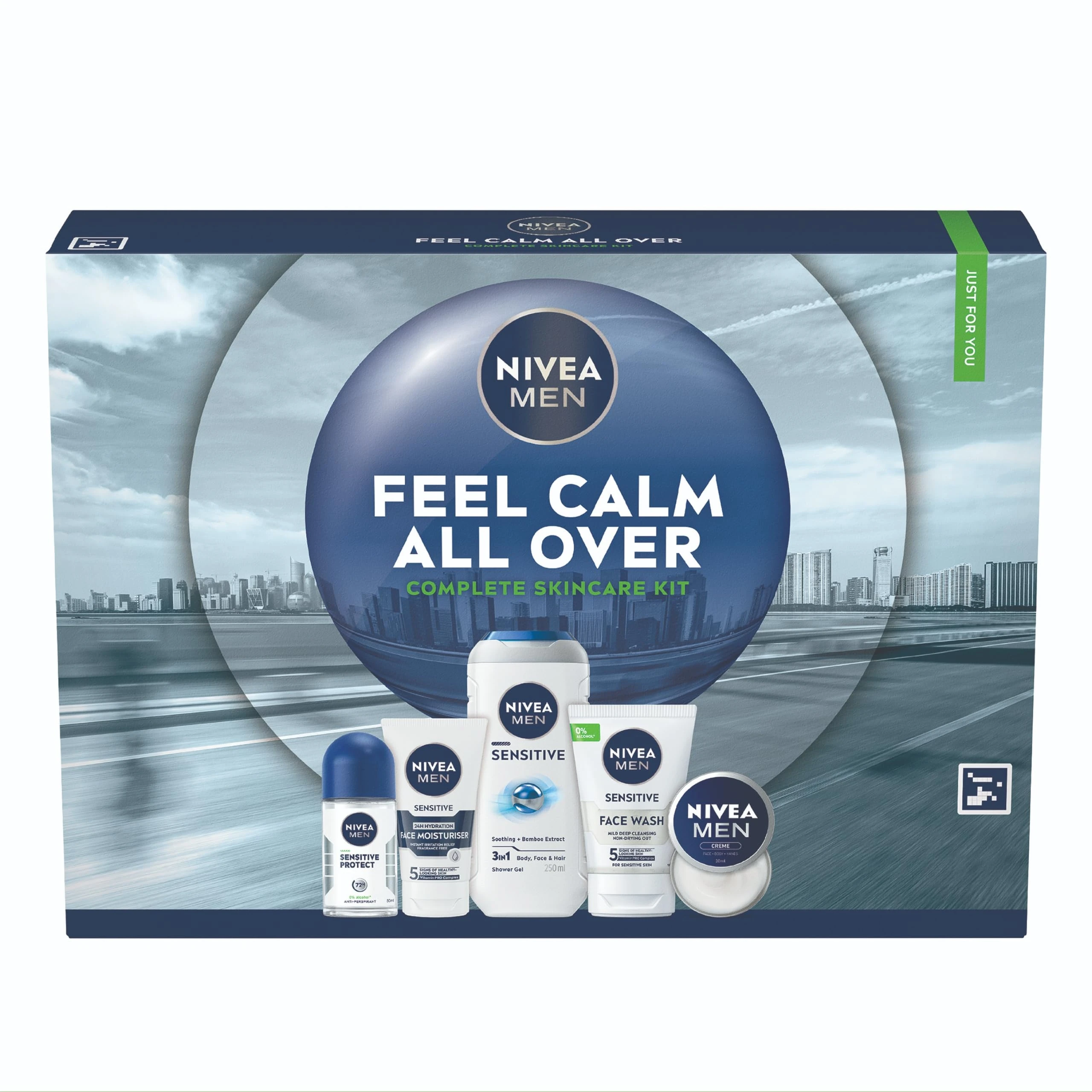 NIVEA MEN Feel Calm All Over Skincare Gift Set (5 Products) - Men Gift Set for Sensitive Skin - Includes Shower Gel, Face Wash, Face Moisturiser, Creme, and Anti-Perspirant