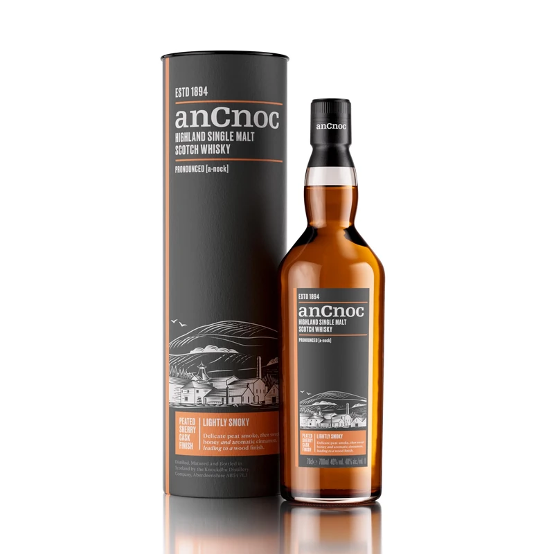 anCnoc Peated Single Malt Whisky, 40% ABV, Sherry Cask Finish Highland Scotch, 70cl, Light Smoky & Sweet Notes, Knockdu Distillery