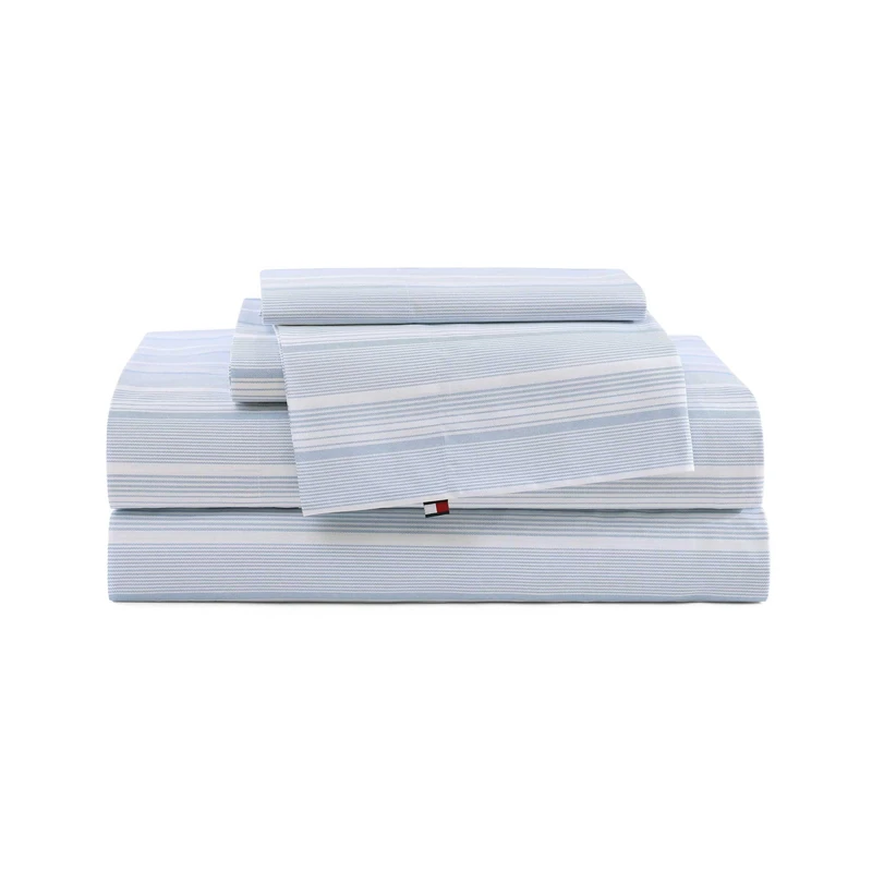 Tommy Hilfiger - Queen Bed Sheets, Crisp & Cool Cotton Percale Bedding with Matching Pillowcases, Lightweight Bed Set, Oeko-Tex Certified (Sailing Stripe Blue) - Image 1