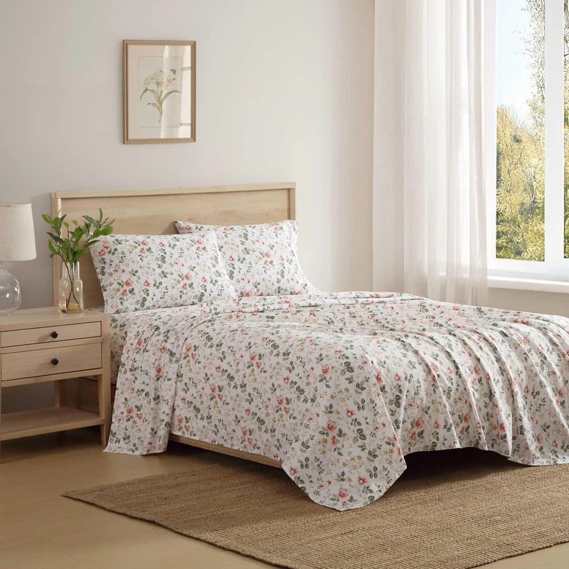Laura Ashley - Full Bed Sheets, Crisp & Cool Cotton Percale Bedding with Matching Pillowcase, Lightweight Bed Set, Oeko-Tex Certified (Meadow Floral Beige)