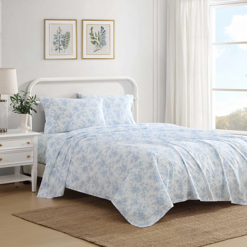 Laura Ashley - Queen Bed Sheets, Crisp & Cool Cotton Percale Bedding with Matching Pillowcases, Lightweight Bed Set, Oeko-Tex Certified (Walled Garden Blue)