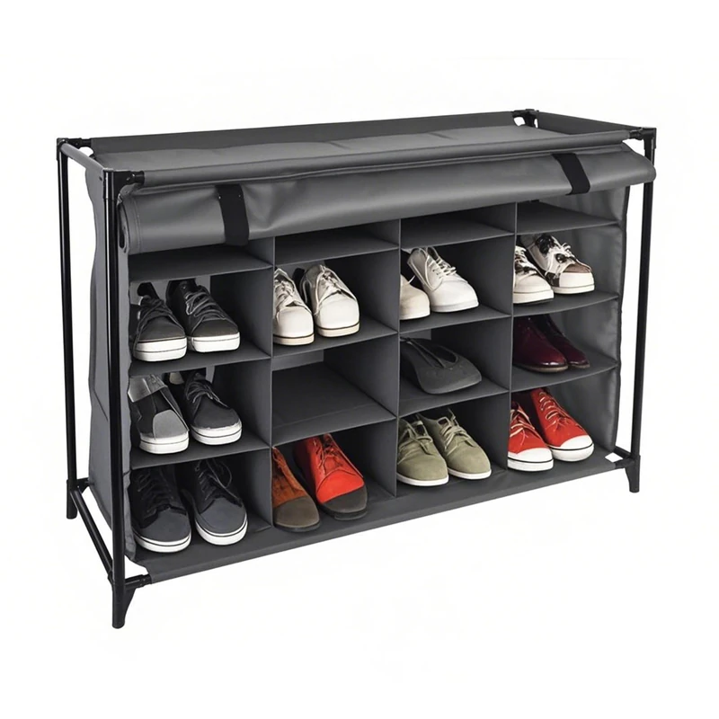 Relaxdays Camping Shoe Rack, 16 Compartments, Fabric Footwear Cabinet & Curtain, 65 x 85 x 35.5 cm, Travel Storage, Grey
