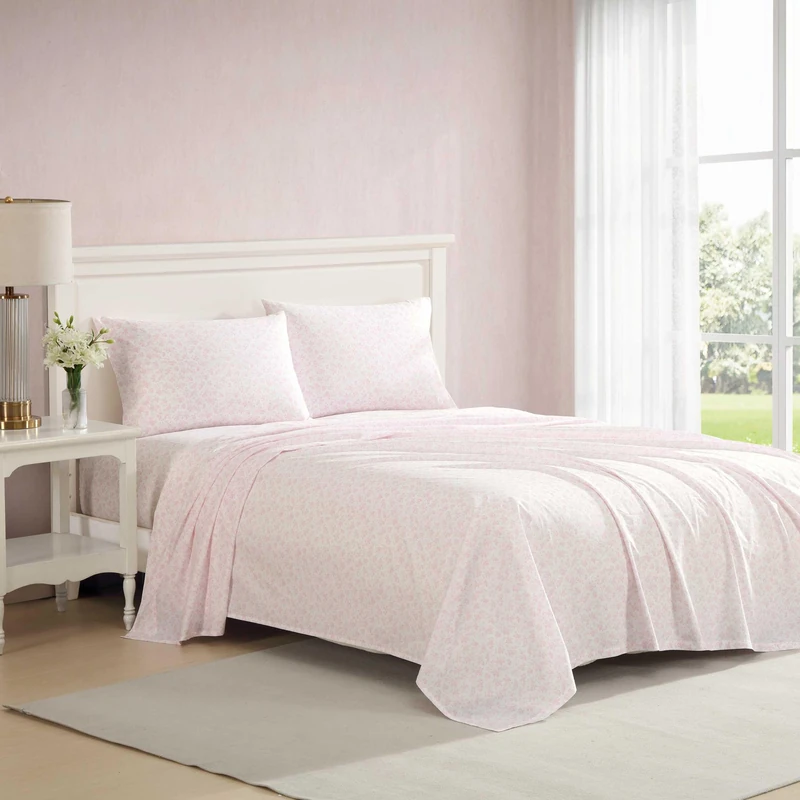 Laura Ashley - Full Bed Sheets, Crisp & Cool Cotton Percale Bedding with Matching Pillowcases, Lightweight Bed Set, Oeko-Tex Certified (Floral Toile Pink)