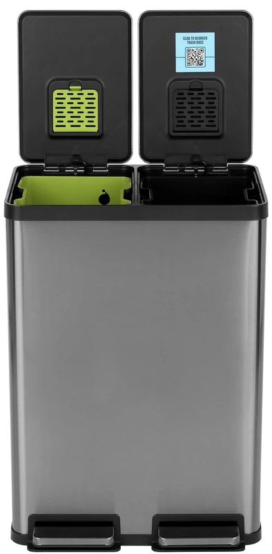 Simpli-Magic 60 Liter / 16 Gallon Rectangular Hands-Free Dual Compartment Recycling Kitchen Step Trash Can with Soft-Close Single Lid, Stainless Steel (30L x 30L Capacity) Black Gun Metal Finish